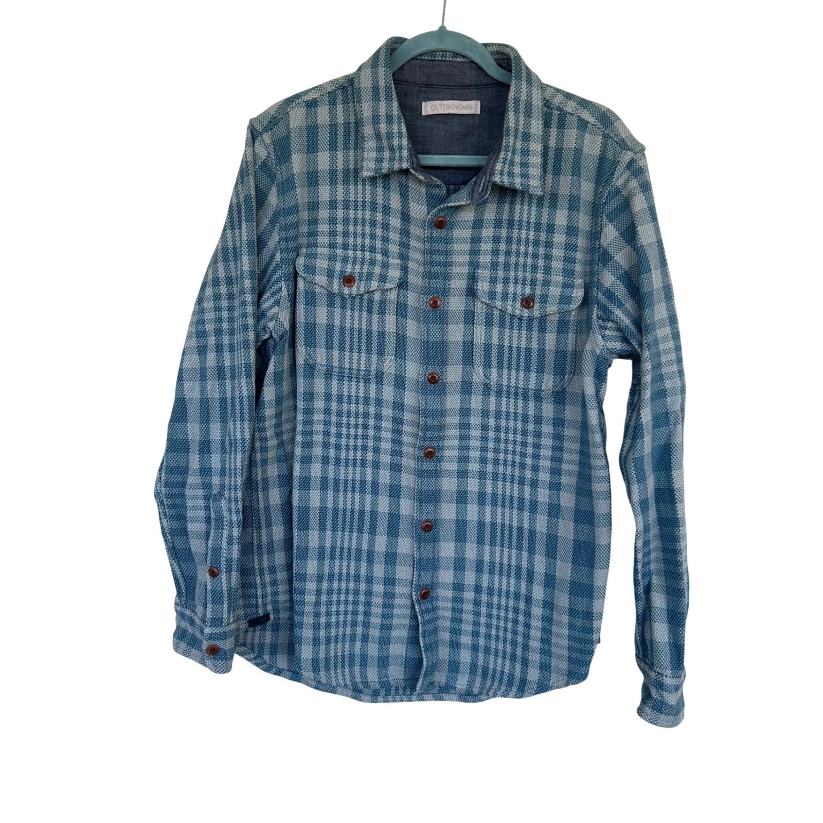 Outerknown Blanket Shirt Mens Large Blue White Plaid Organic Cotton Flannel
