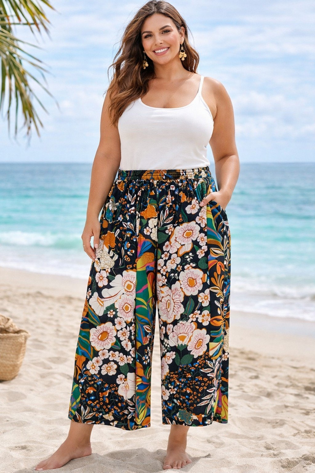 Rose + Olive 2X Wide Leg Pants Floral Patchwork Boho Elastic Waist Pockets