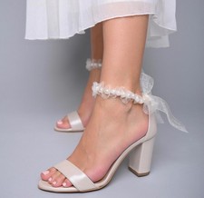 Womens 8 Block Heel Bridal Shoes Formal Ivory Pearls Ribbons Ankle Wrap