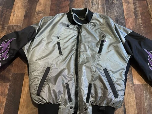 Vintage 90s Polaris Stearns Flotation Bomber Jacket Silver Purple Flames Size L image 3
