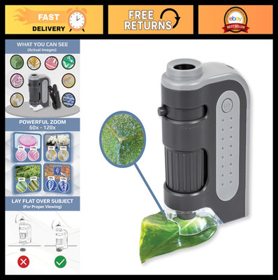 Portable LED Lighted Pocket Microscope 60x-120x, Mini Handheld STEM Tool for Stu
