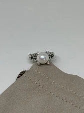 David Yurman 10mm Cable Cultured Pearl & Diamonds Ring Size 8
