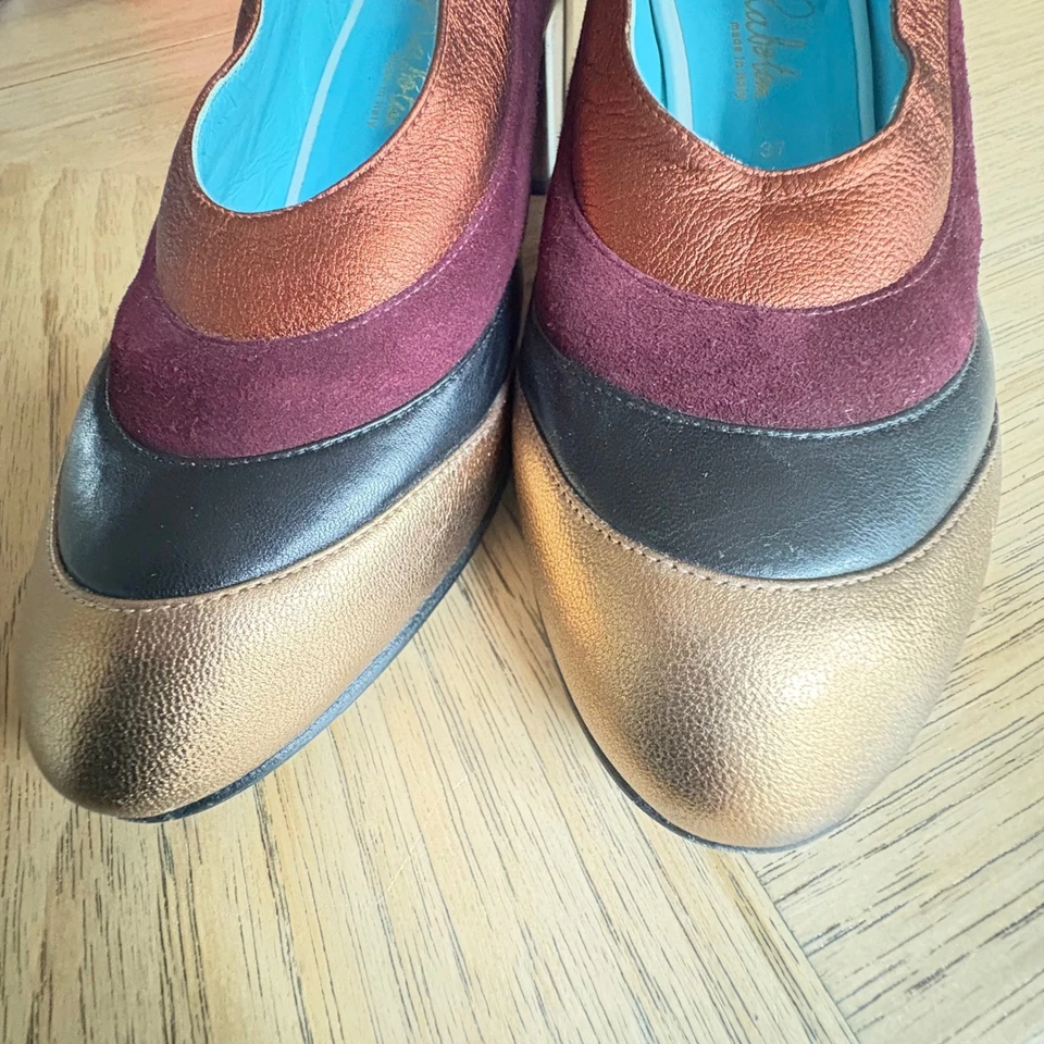 $500 THIERRY RABOTIN Michi Colorblock ретро блочные каблуки кожа металл EU37/US6.5 - Изображение 4 из 4