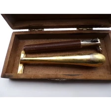 Vintage Safety Razor Handle Set Gold Brass Handle Leather Case Wooden Box