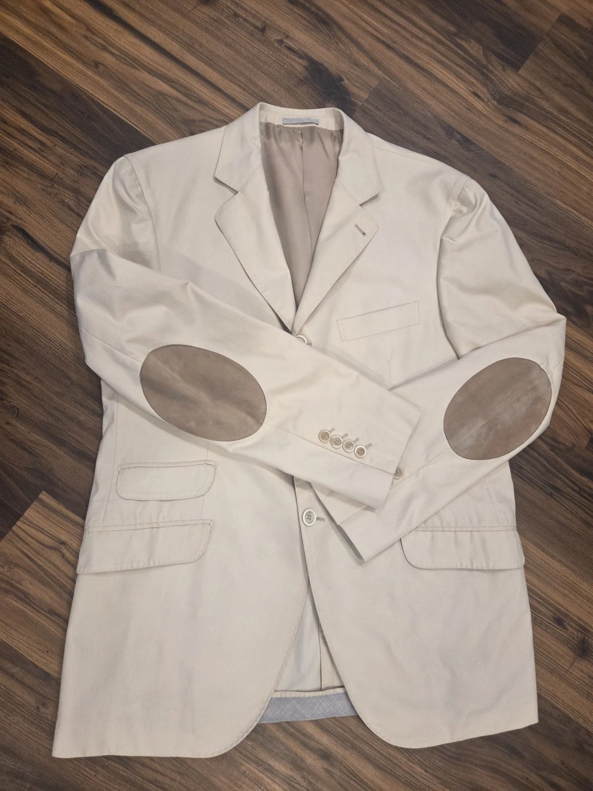 Brunello Cucinelli — Brunello Cucinelli Italy Cotton Blazer Sport Coat Leather Elbow Patches Tan 52 L