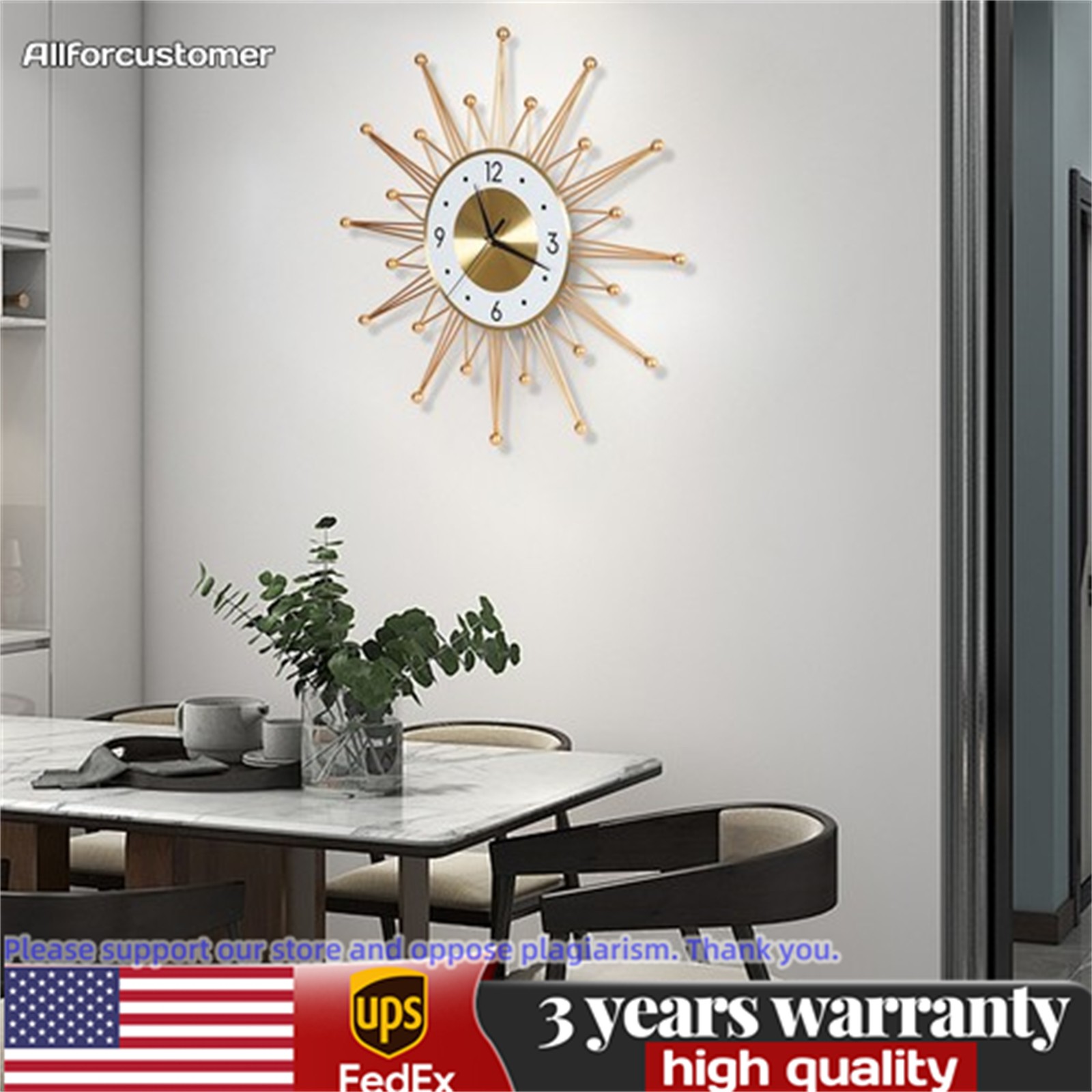 50CM Retro Metal Art Sunburst Clock Mid Century Modern Wall Vintage Clock Decor