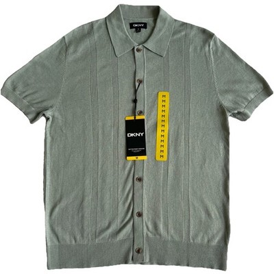 DKNY Men s Button Front Knit Shirt M Green Short Sleeve Casual Stretch Polo NWT