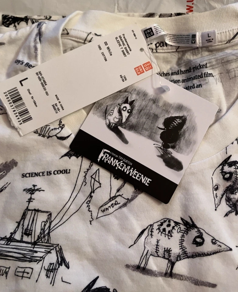 T-SHIRT MANCHE COURTE UNIQLO FRANKENWEENIE SPARKY TIM BURTON DISNEY L COTON NEUF - Photo 3/4
