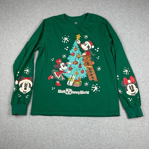 Disney Parks Shirt M Green Long Sleeve Christmas Tree Mickey Minnie