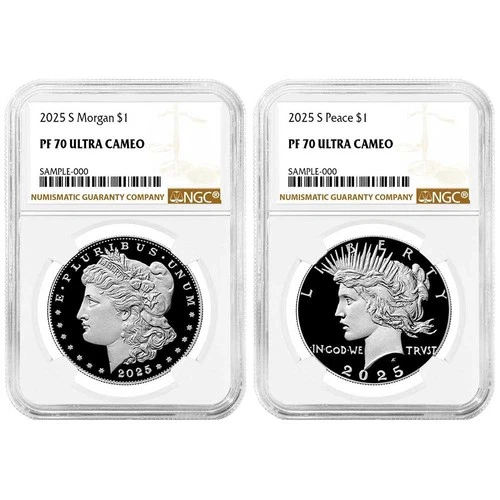 2pc Set - 2025-S $1 Proof Morgan and Peace Silver Dollar NGC PF70UC Brown Label
