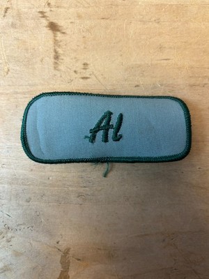 Vtg 70s AL Sew On Embroidered Clothing Jacket Uniform Name Patch GREEN