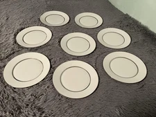 Oxford Bone China Lexington Dinner Plates Set of 7 White Platinum Trim Made USA