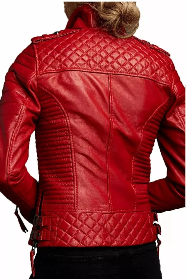 New Women's Red Genuine Lambskin Real Leather Biker Quilted Slim Fit Coat Jacket - Image 2 of 4