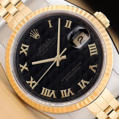 ROLEX MENS DATEJUST 16233 BLACK PYRAMID ROMAN DIAL 18K GOLD STEEL