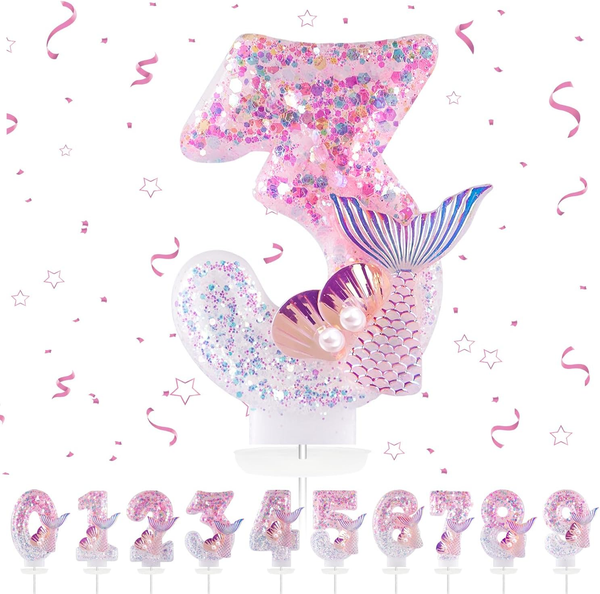 Geburtstagskerzen Zahlen 3,3D Meerjungfrau Geburtstagskerzen,Rosa Geburtstag Ker-image