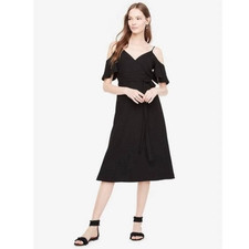 Ann Taylor Black Solid Woven A-Line Fit & Flare Midi Dress Cold Shoulder 4