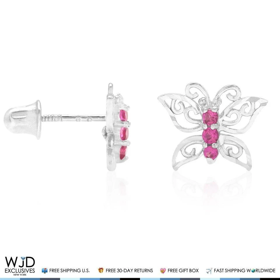 14K White Gold Diamond-Cut Simulated Ruby Butterfly Screw Back Stud Earrings - Image 2 of 4