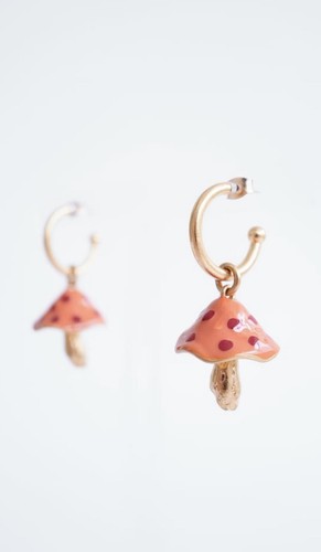 Zara Red & Orange Enameled Toadstool Pendant Irregular Open Hoop Earrings - Picture 3 of 6