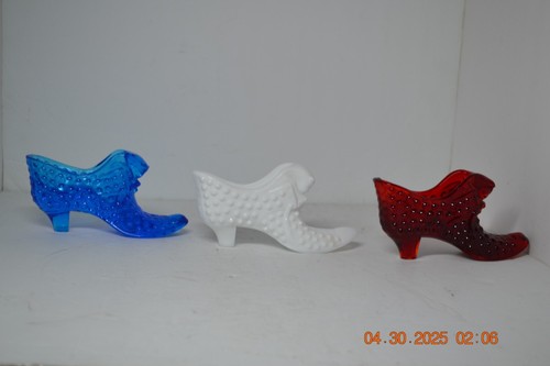 THREE Fenton Glass Hobnail Cat Head Slippers Shoes Red, White and Blue - Picture 3 of 9