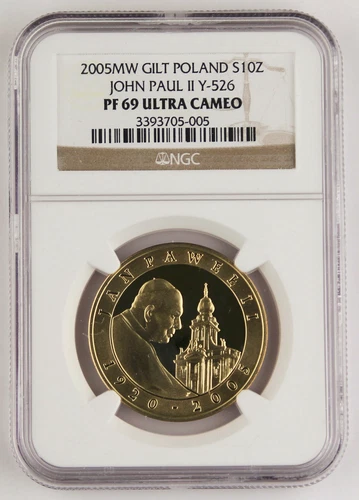 Poland 2005 10 Zlotych 14.14 Gram Silver Gilded NGC PF69 "Death of John Paul II"