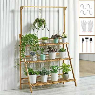 3 Tier Folding Bamboo Plant Stand Pot Shelf Stand Rack Indoor Outdoor  Greenhouse | eBay
