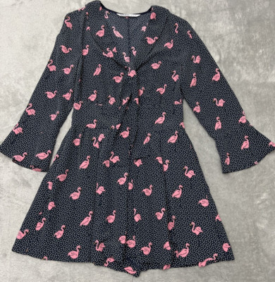 Zara Basic Short Romper Pink Flamingo Black White Dots 3/4 Bell Sleeves Womans S