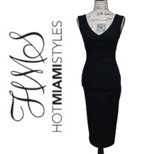 HOT MIAMI STYLES Midi Sheath Bodycon Little Black Dress SIZE XS