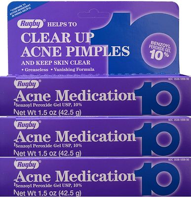 Rugby Acne Gel Benzoyl Peroxide 10% -1.5oz Tube -3 Pack -Expiration Date 09-2027