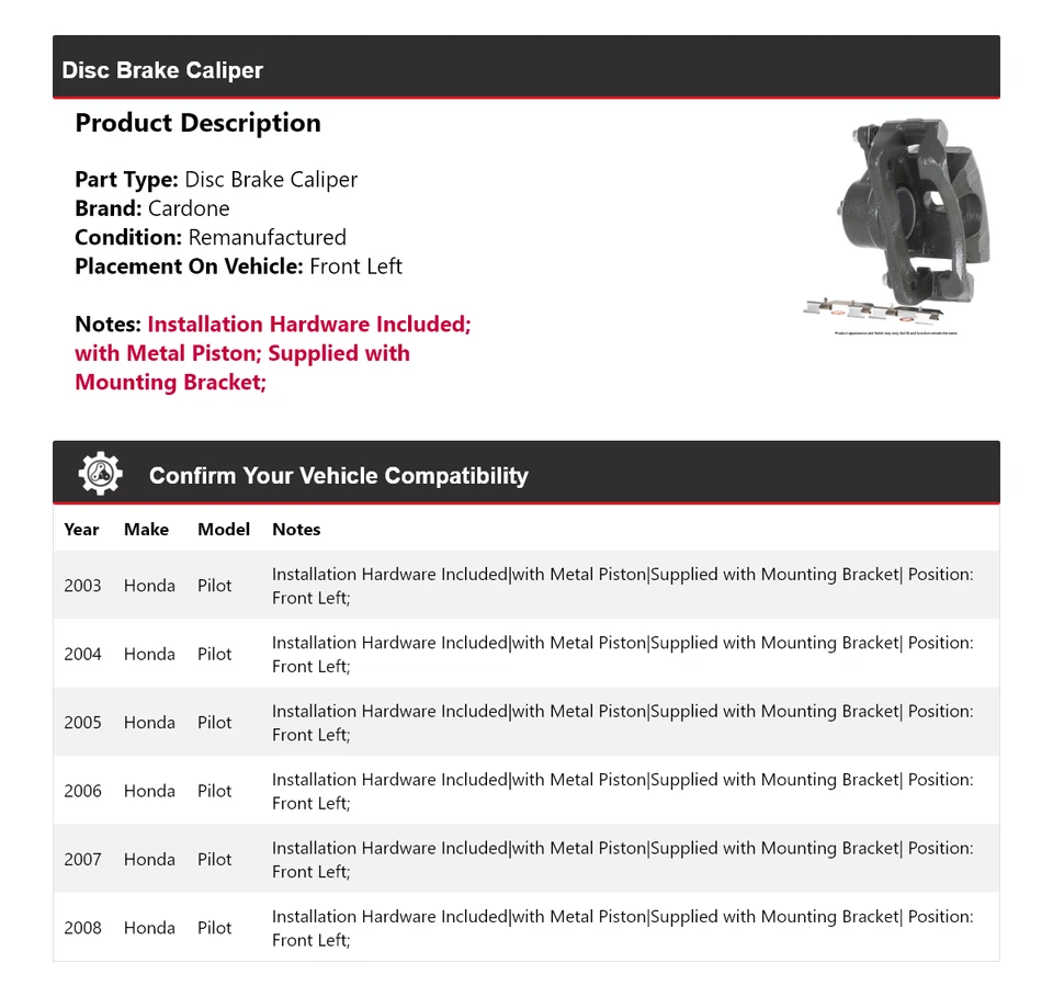 Pinza de freno de disco delantera izquierda cardone 2004 2005 2006 para Honda Pilot 2003-2008 Foto 2 de 4