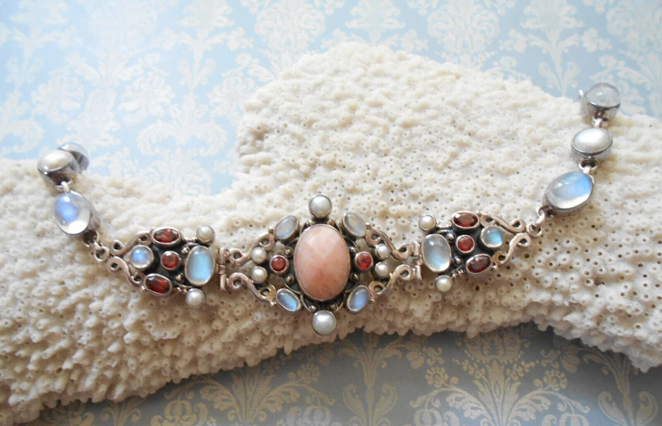 Oxidized Sterling Silver Nicky Butler Moonstone Garnet 8" Bracelet     6268 - Image 4 of 4