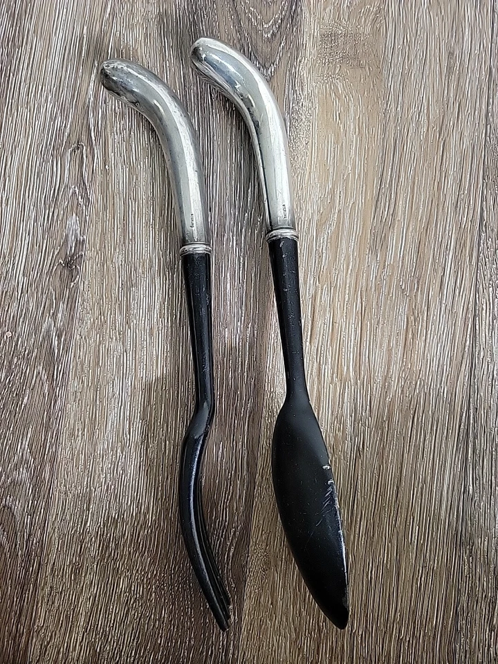 Mid Century Modern Salad Serving Fork Spoon Black Wooden Sterling Silver France - Image 3 of 4