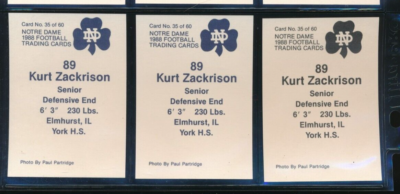 Lot (3) 1988 Notre Dame Team Issue #89 Kurt Zackrison College