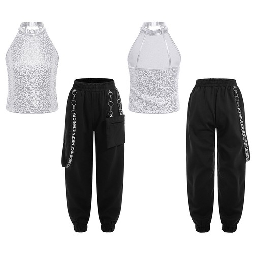 Kids Girls Tracksuit Metallic Outfit Sequin Sets Dance Pants Trousers Crop Top - Picture 44 of 63