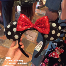 Disney Parks Minnie Ears Black White Polka Dot Sequin Red Bow Classic Headband