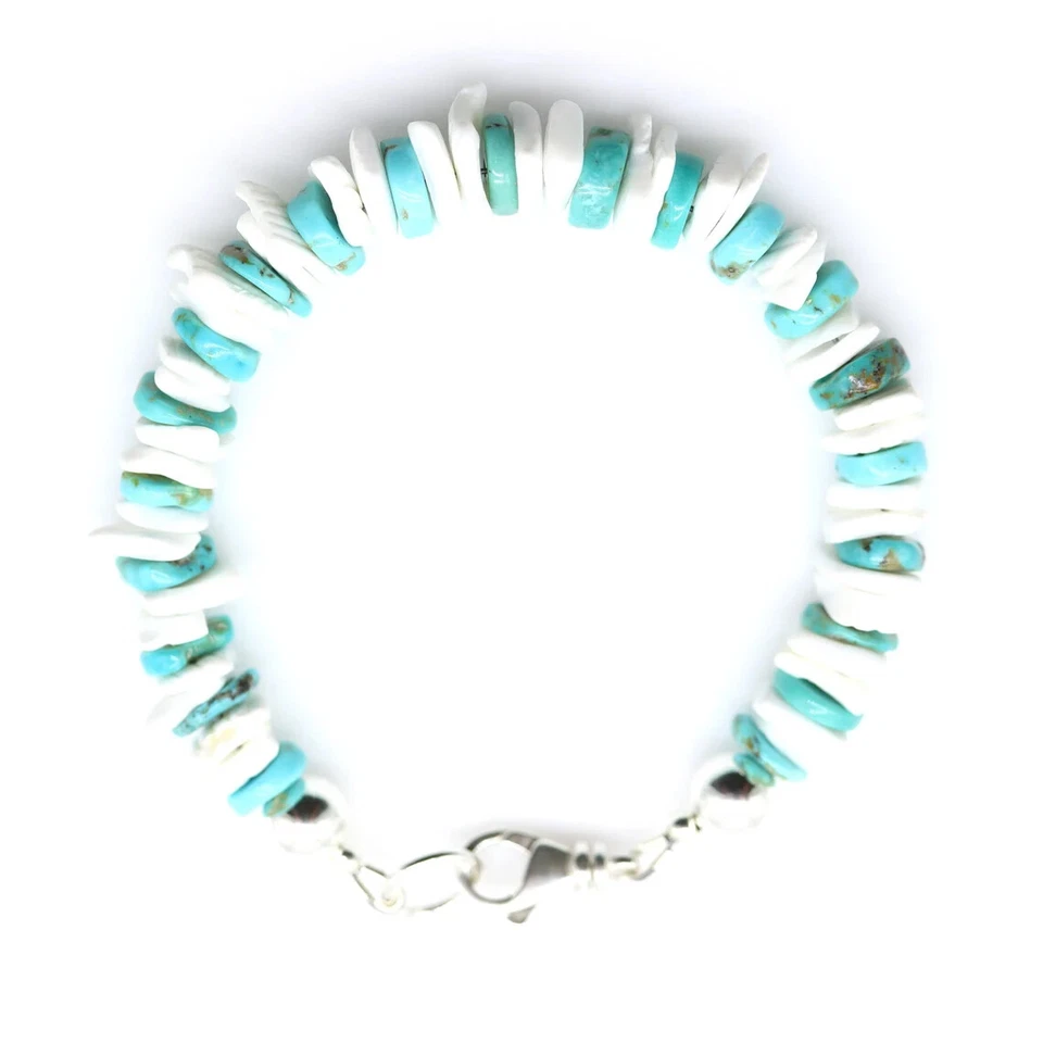 Arizona Turquoise & 10mm White Heishi Wafer Seashell Modern Bohemian Bracelet - Image 3 of 4