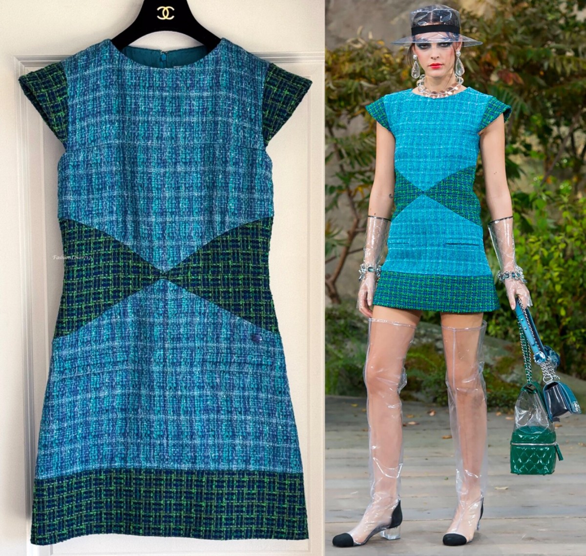 CHANEL 18S BLUE GREEN TWEED CC LOGO RUNWAY MINI DRESS 38 40 | eBay