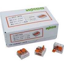 Box of 50 Wago 221-413  Series Reusable 3 Way Lever Electrical cable Connectors