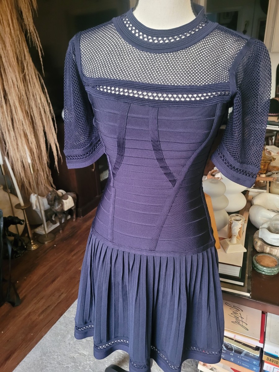 Herve Leger "Haylynn" Blue Flared Sheer Yoke Dress - $1,690 Herve Leger "Haylynn" Blue Flared Sheer Yoke Dress - $1,690