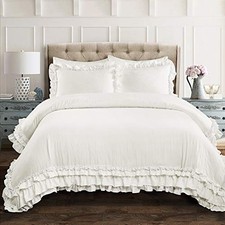 Ella Ruffle Lace 3 Piece Set, Full/- Cute - Bedding Set Queen White Comforter