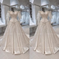 Stain Wedding Dress Lace Applique Long Sleeve Full-Length Victorian Bridal Gown
