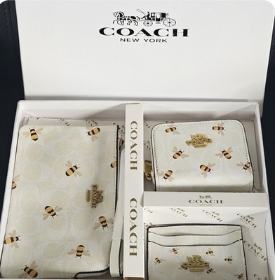 Coach Bee Print Wallet Set Logo Accents, White Gold Black Yellow, Women