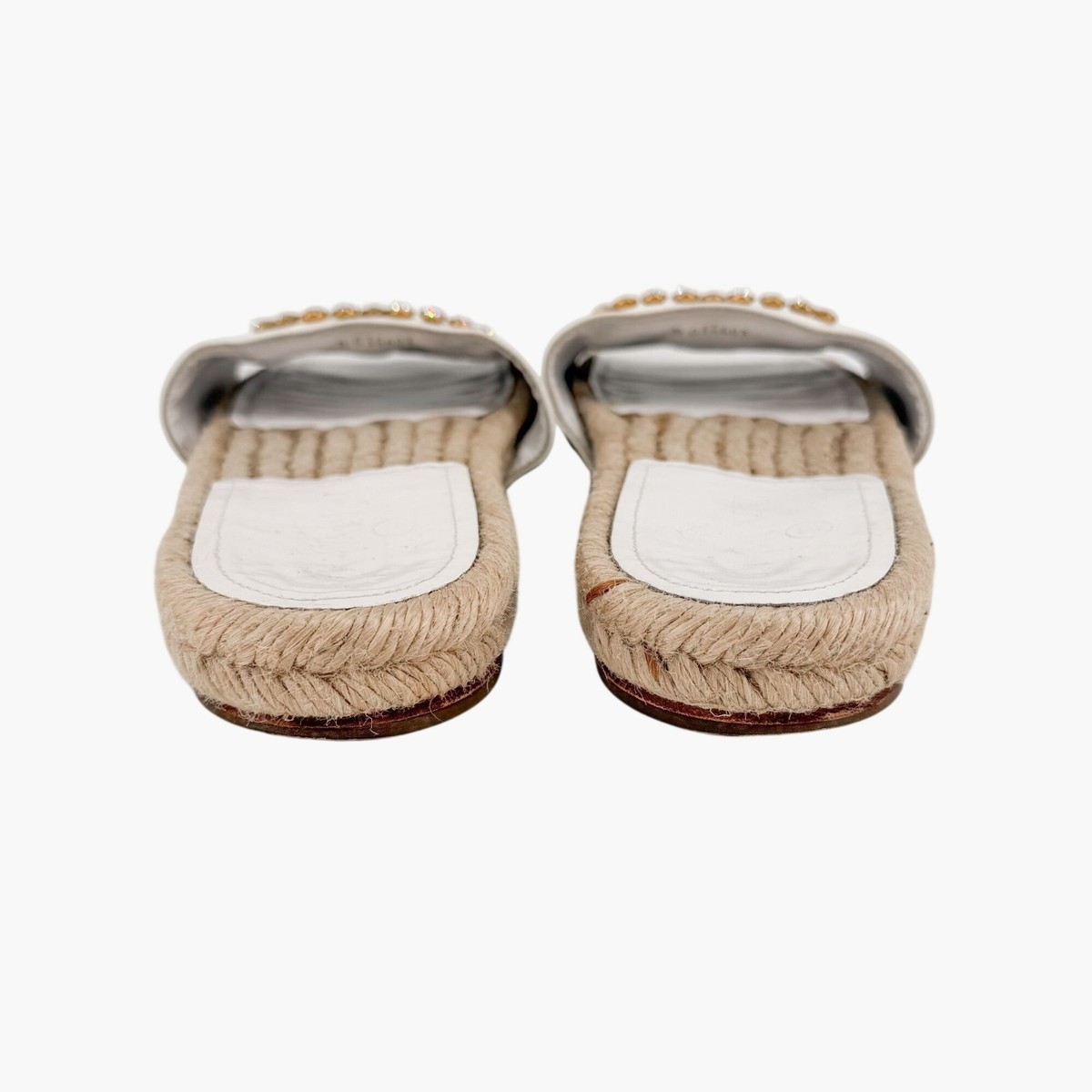Chanel CC Crystal Espadrille Slide Sandals White Patent Leather