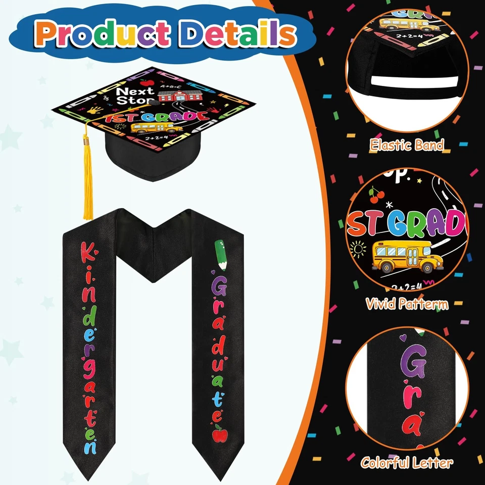 Boné e estola de formatura pré-escolar para crianças jardim de infância próxima parada... - Imagem 2 de 4