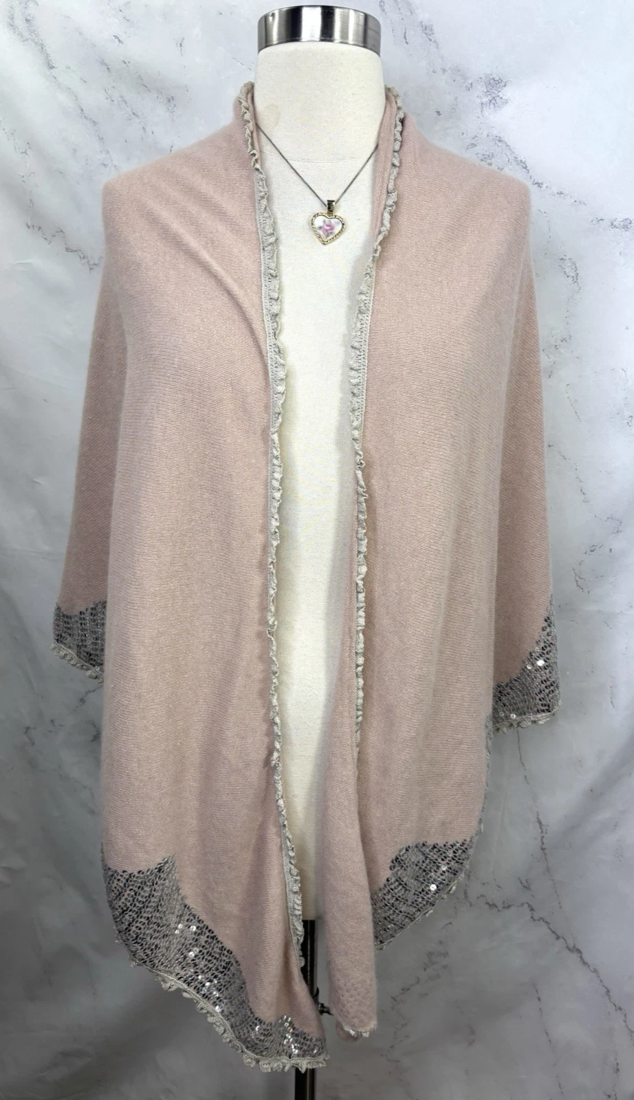 Mille K Copenhagen Angora Knit Wrap Shawl Sequin Trim Blush Pink O Luxury Chic