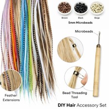 Feather Hair Extension Kit 10 Natural Feathers Micro Beads Tool 7-11 inches long