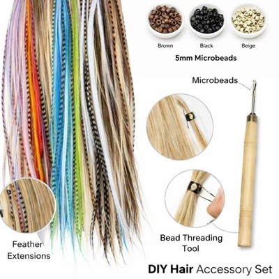 Feather Hair Extension Kit 10 Natural Feathers Micro Beads Tool 7-11 inches long