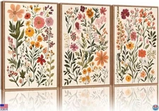 Set of 3 Boho Floral Watercolor Canvas Prints for Home Decor 16x24 Unframed
