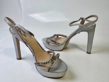 Jewel Badgley Mischka Women's Silver Glitter Rhinestone Ankle Strap Heels Size 7