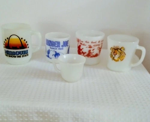 Vtg Milk Glass  Mug Lot with Assorted Designs Fire King - Hazel Atlas + More