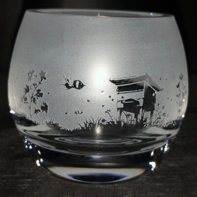 Animo Glas Teelicht klein handgeätzt Tier Kristallglas Kerzenhalter Biene